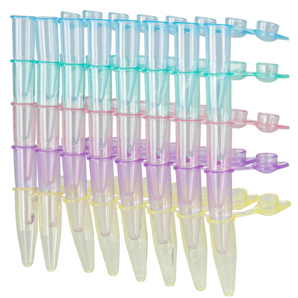Globe Scientific QuickSnap 0.2mL 8-Strip Tubes, with Individually-Attached Dome Caps, Assorted Colors (Blue, Red, Green, Yellow and Violet) .2ml;dome caps;8 strip